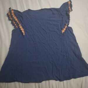 Blue flow sleeved shirt with orange thread detailing.